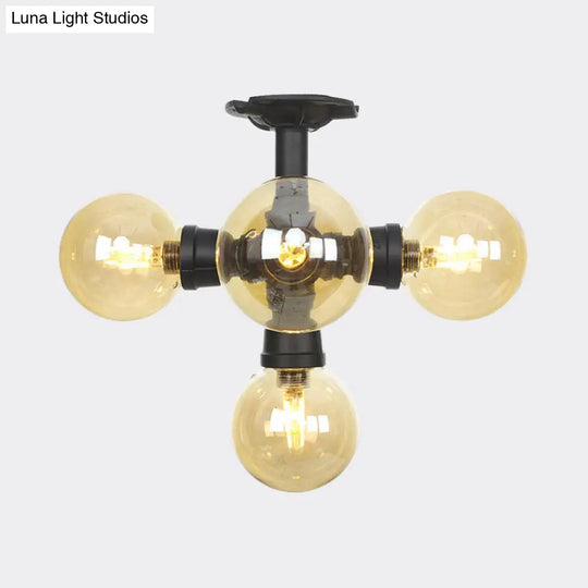 Industrial Black Ball Semi-Flush Ceiling Light - Amber Glass Led Flushmount (4/5/6-Light)