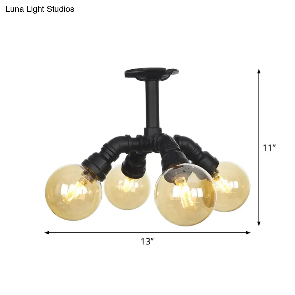 Industrial Black Ball Semi-Flush Ceiling Light - Amber Glass Led Flushmount (4/5/6-Light)