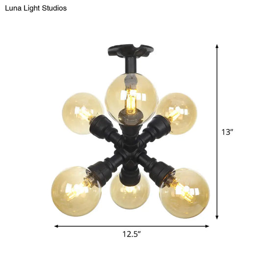 Industrial Black Ball Semi - Flush Ceiling Light - Amber Glass Led Flushmount (4/5/6 - Light)