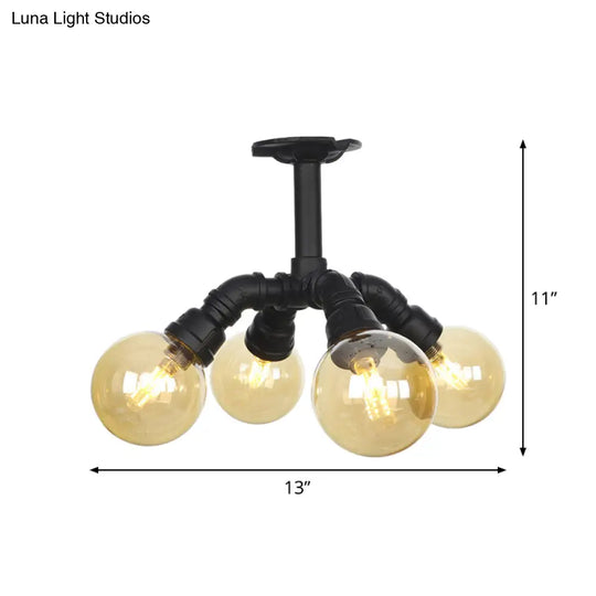 Industrial Black Ball Semi - Flush Ceiling Light - Amber Glass Led Flushmount (4/5/6 - Light)