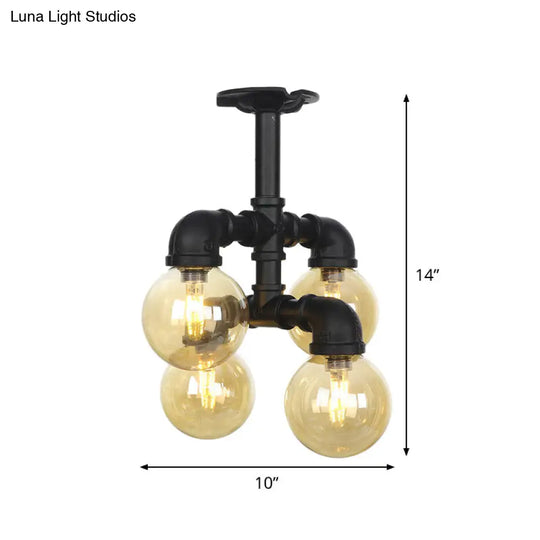 Industrial Black Ball Semi-Flush Ceiling Light - Amber Glass Led Flushmount (4/5/6-Light)