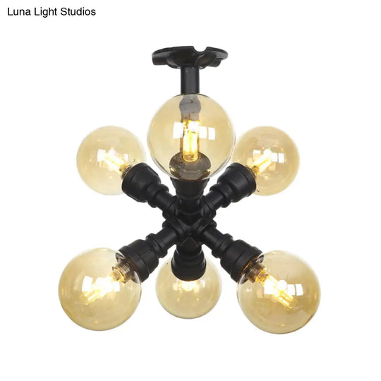 Industrial Black Ball Semi - Flush Ceiling Light - Amber Glass Led Flushmount (4/5/6 - Light)