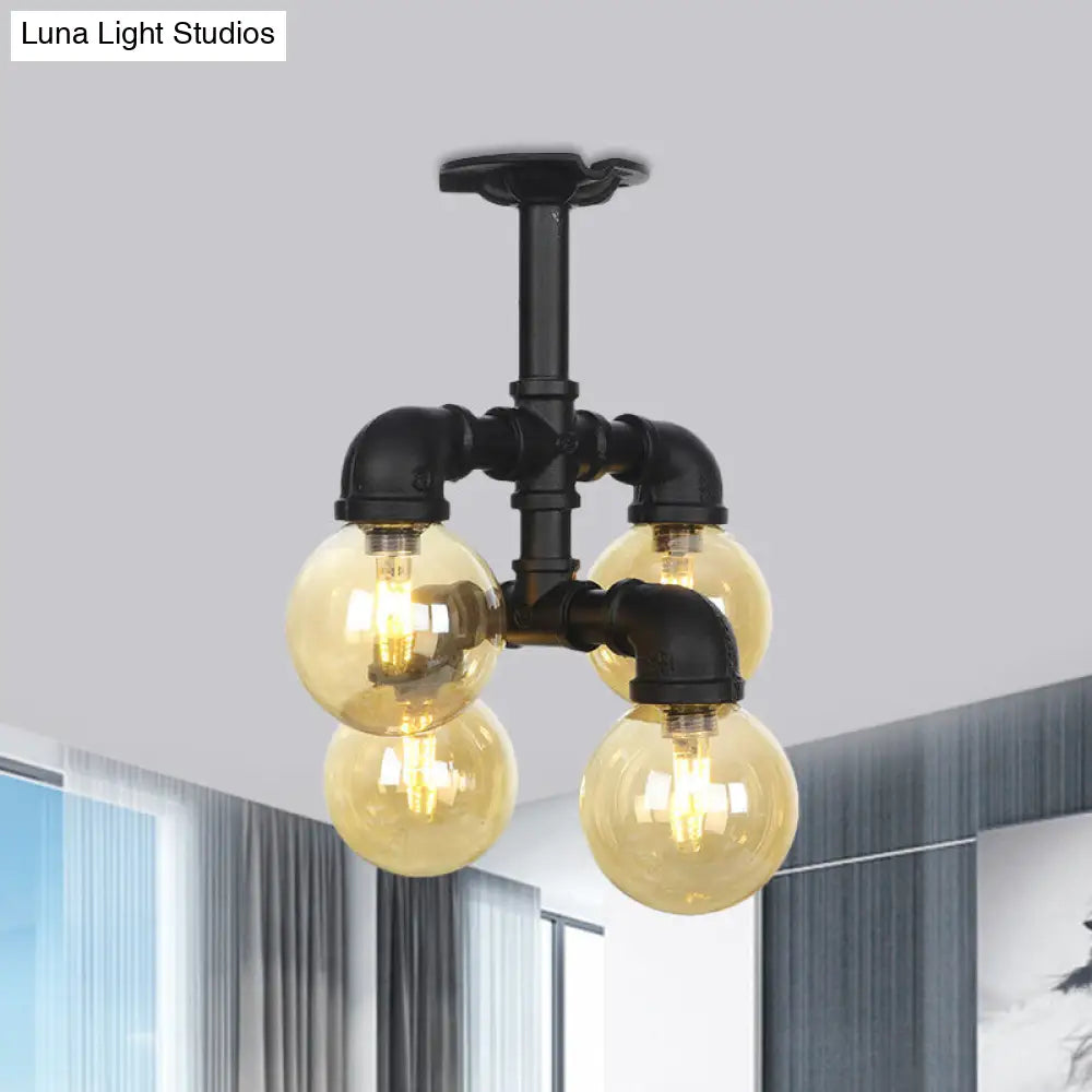 Industrial Black Ball Semi-Flush Ceiling Light - Amber Glass Led Flushmount (4/5/6-Light) / A