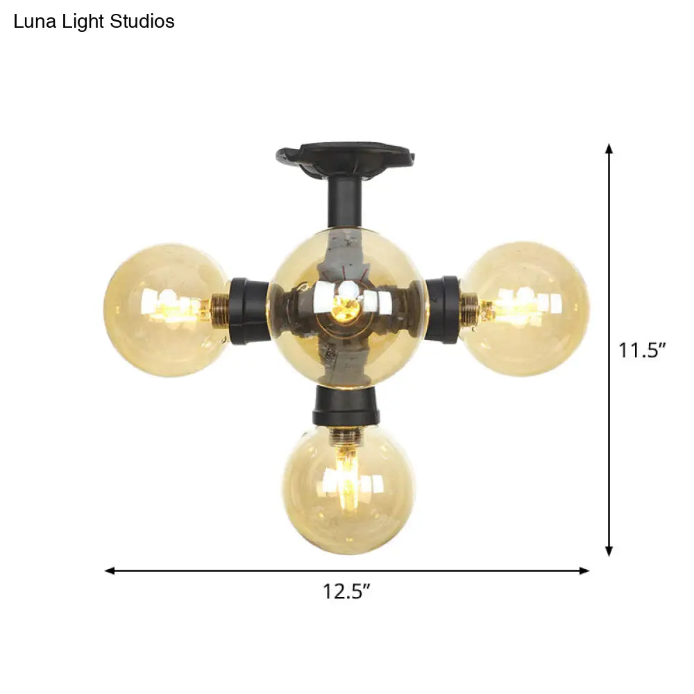 Industrial Black Ball Semi-Flush Ceiling Light - Amber Glass Led Flushmount (4/5/6-Light)