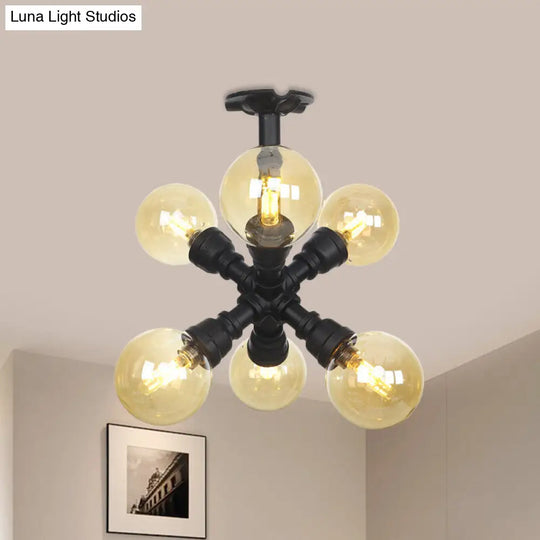 Industrial Black Ball Semi-Flush Ceiling Light - Amber Glass Led Flushmount (4/5/6-Light)