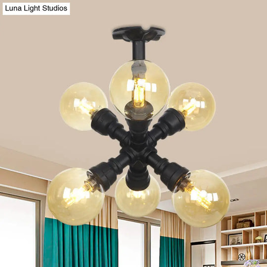 Industrial Black Ball Semi-Flush Ceiling Light - Amber Glass Led Flushmount (4/5/6-Light) / D