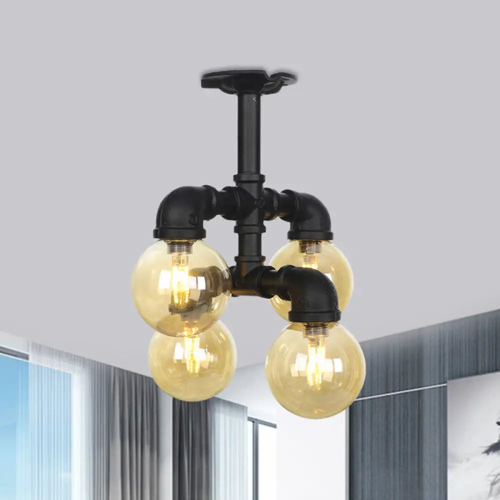 Industrial Black Ball Semi - Flush Ceiling Light - Amber Glass Led Flushmount (4/5/6 - Light) / A