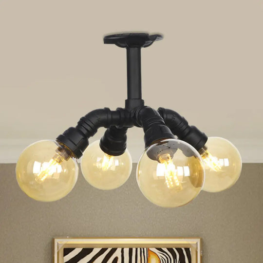 Industrial Black Ball Semi - Flush Ceiling Light - Amber Glass Led Flushmount (4/5/6 - Light) / B