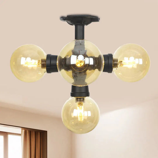 Industrial Black Ball Semi - Flush Ceiling Light - Amber Glass Led Flushmount (4/5/6 - Light) / C