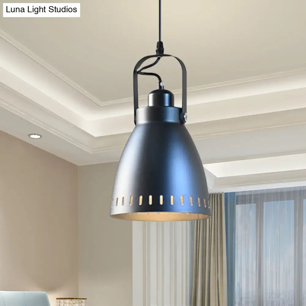 Industrial Small Bell Metallic Drop Pendant Lamp In Black With Handle - 1-Bulb Hanging Light Fixture
