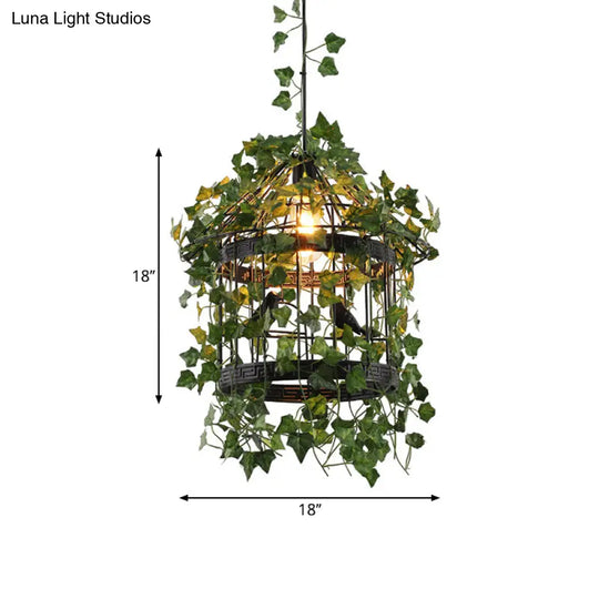 Industrial Black Birdcage Pendant Light With Leaf Deco - 1-Light Metal Suspension Lamp For Dining