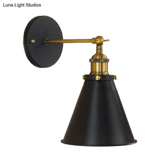 Industrial Black/Brass Sconce With Metal Conic Shade - Stylish Wall Lighting For Living Room