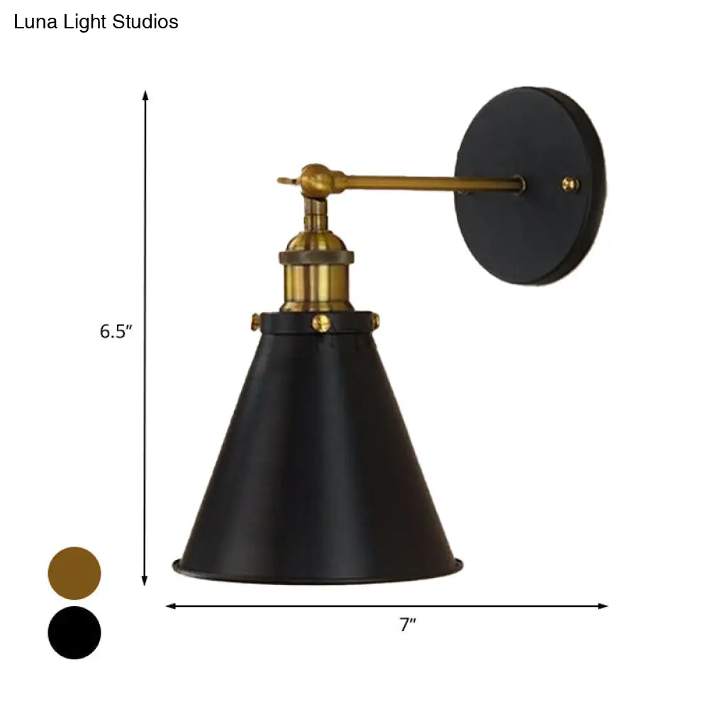 Industrial Black/Brass Sconce With Metal Conic Shade - Stylish Wall Lighting For Living Room