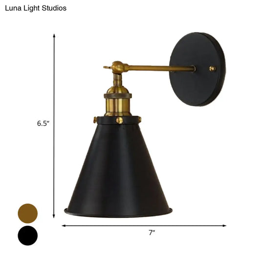 Industrial Black/Brass Sconce With Metal Conic Shade - Stylish Wall Lighting For Living Room