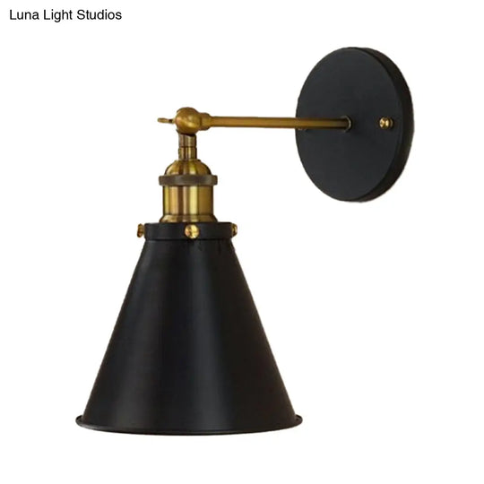 Industrial Black/Brass Sconce With Metal Conic Shade - Stylish Wall Lighting For Living Room