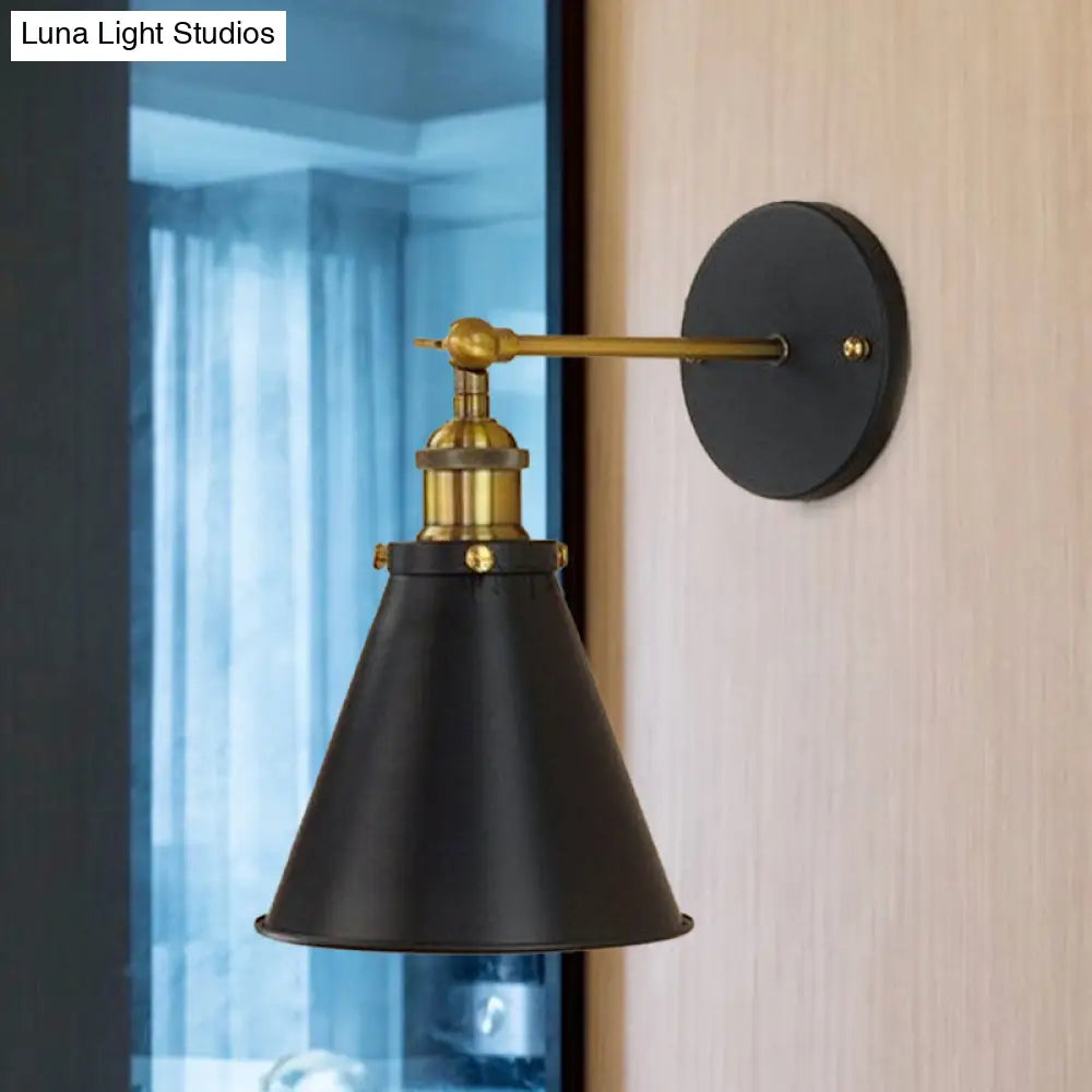 Industrial Black/Brass Sconce With Metal Conic Shade - Stylish Wall Lighting For Living Room