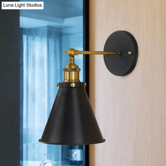 Industrial Black/Brass Sconce With Metal Conic Shade - Stylish Wall Lighting For Living Room