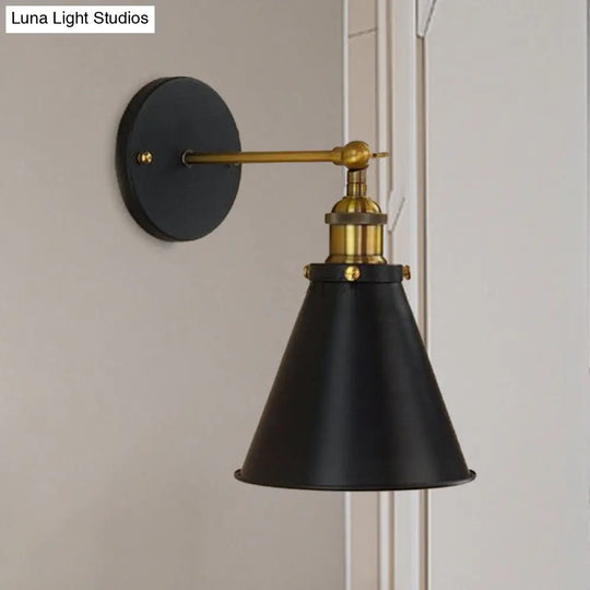 Industrial Black/Brass Sconce With Metal Conic Shade - Stylish Wall Lighting For Living Room