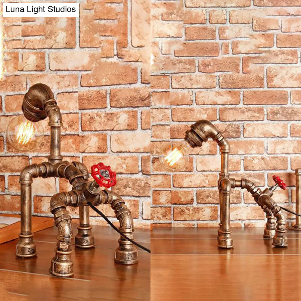 Industrial Black/Bronze Wrought Iron Dog Table Lamp - 1-Light Water Pipe Design For Restaurants