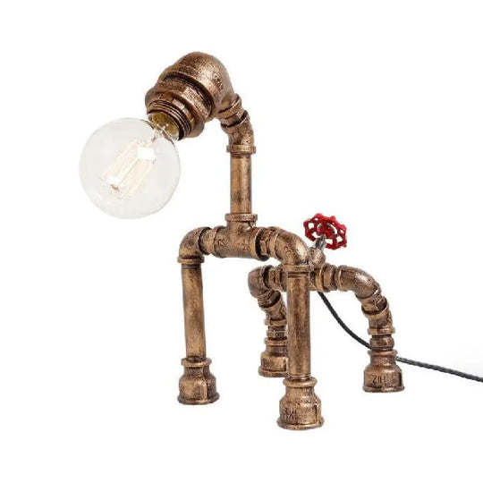 Industrial Black/Bronze Wrought Iron Dog Table Lamp - 1-Light Water Pipe Design For Restaurants