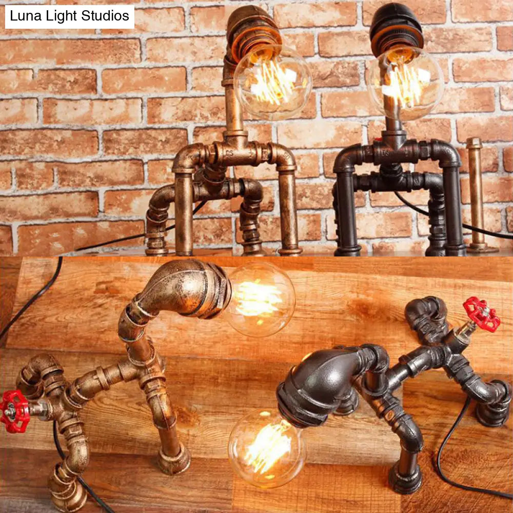 Industrial Black/Bronze Wrought Iron Dog Table Lamp - 1-Light Water Pipe Design For Restaurants