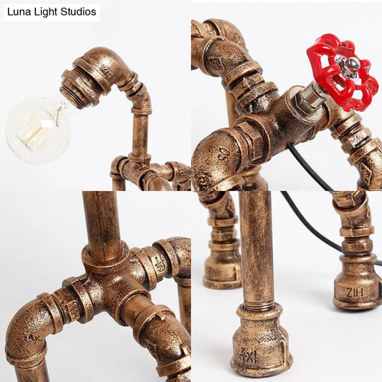 Industrial Black/Bronze Wrought Iron Dog Table Lamp - 1-Light Water Pipe Design For Restaurants