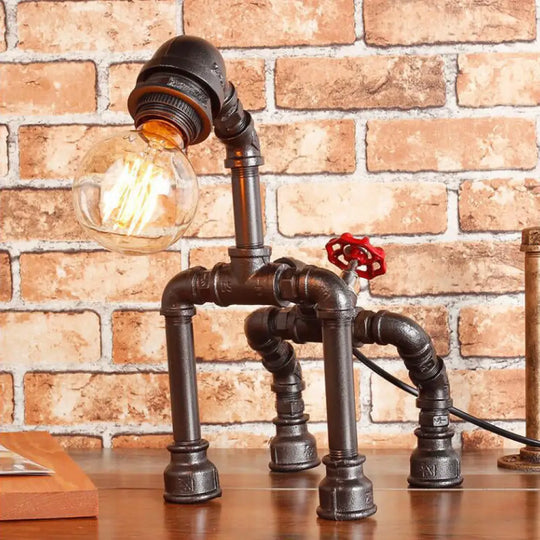 Industrial Black/Bronze Wrought Iron Dog Table Lamp - 1-Light Water Pipe Design For Restaurants