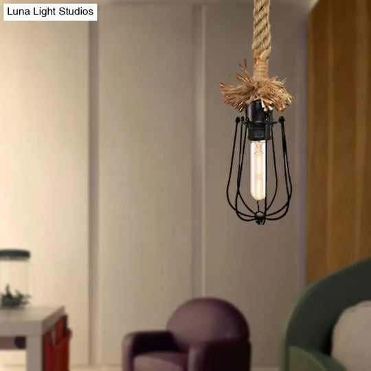 Industrial Pendant Light - Black Bulb-Shaped Lamp With Wire Guard Adjustable Rope