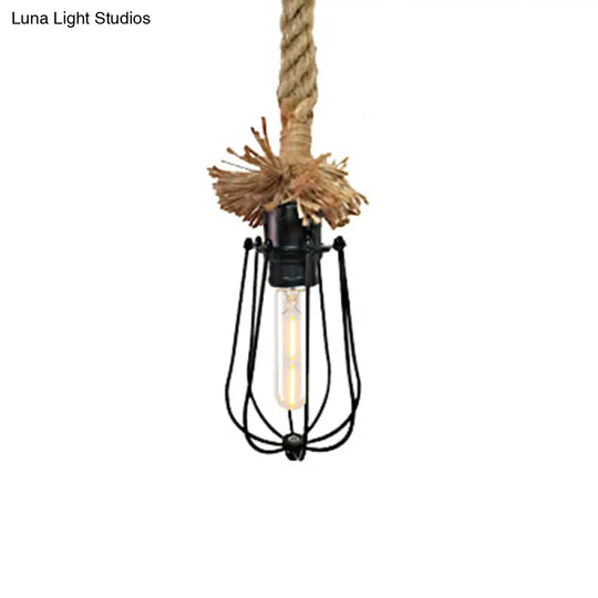 Industrial Black Bulb-Shaped Pendant Lamp With Wire Guard And Adjustable Rope