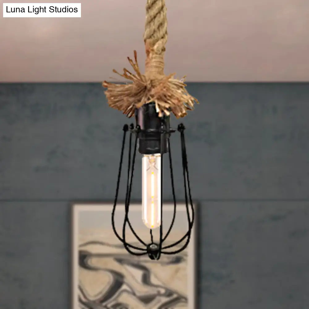 Industrial Black Bulb-Shaped Pendant Lamp With Wire Guard And Adjustable Rope