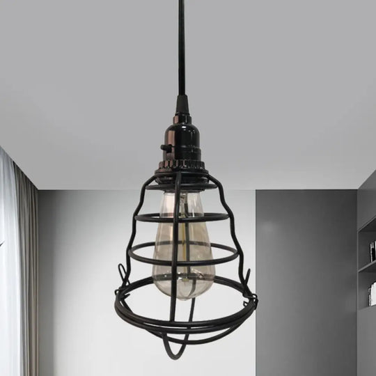 Industrial Black Cage Pendant Light - Bulb Shape One-Light With Plug-In Cord / 1