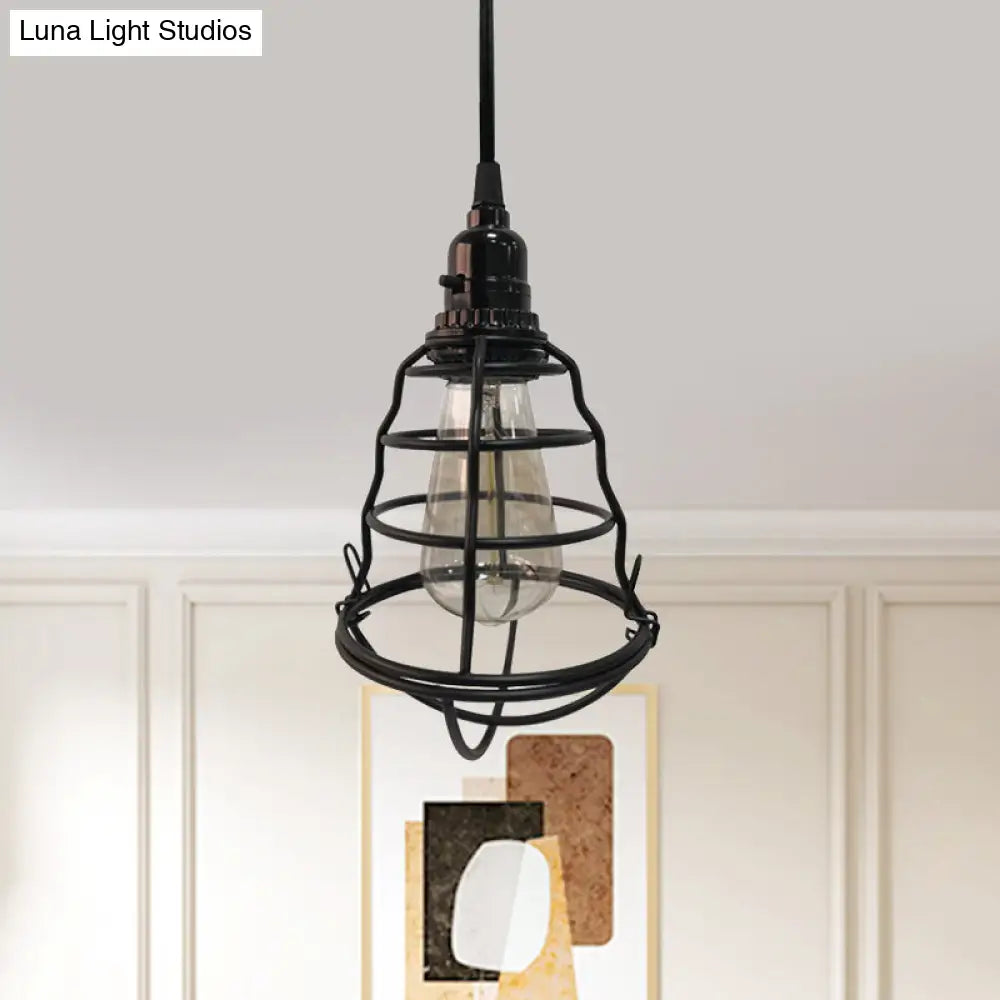 Industrial Black Cage Pendant Light - Bulb Shape One-Light With Plug-In Cord