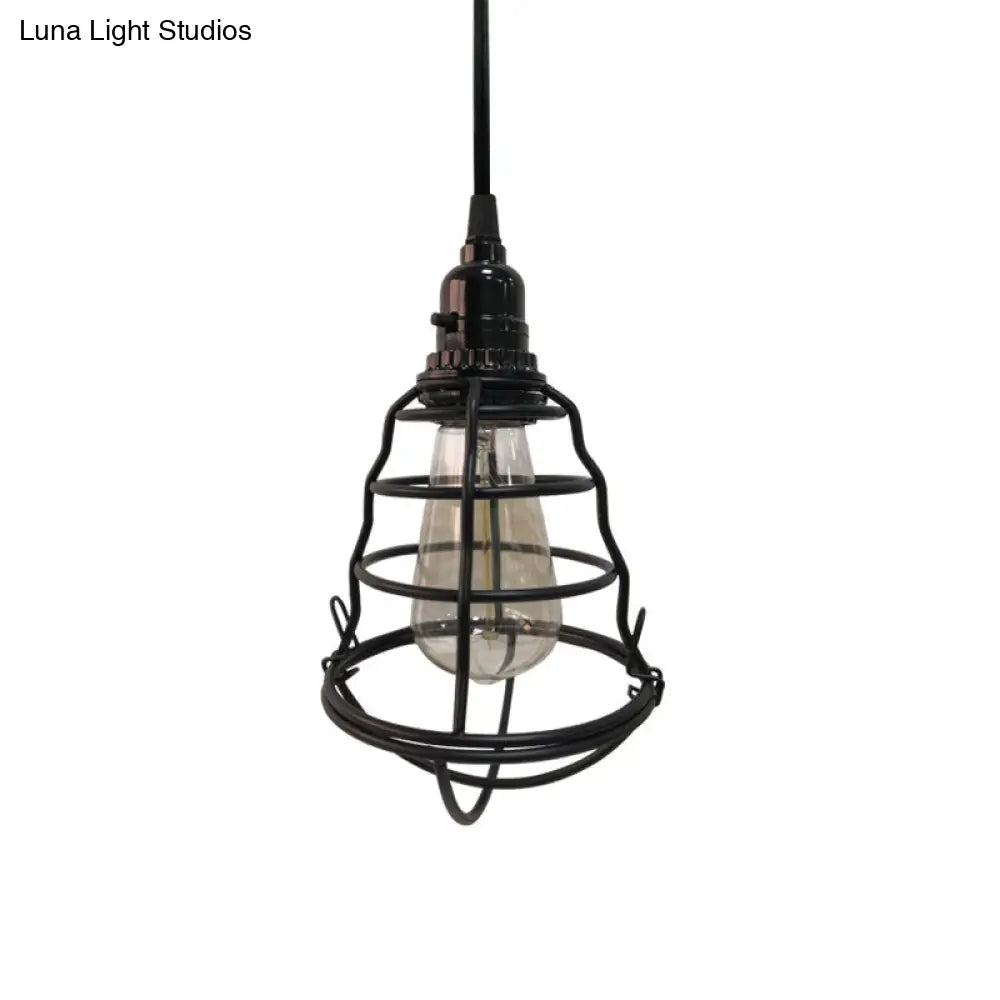 Industrial Black Cage Pendant Light - Bulb Shape One-Light With Plug-In Cord