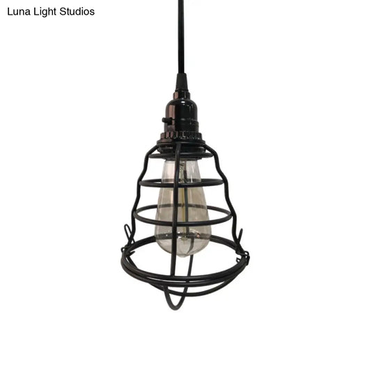 Industrial Black Cage Pendant Light - Bulb Shape One-Light With Plug-In Cord