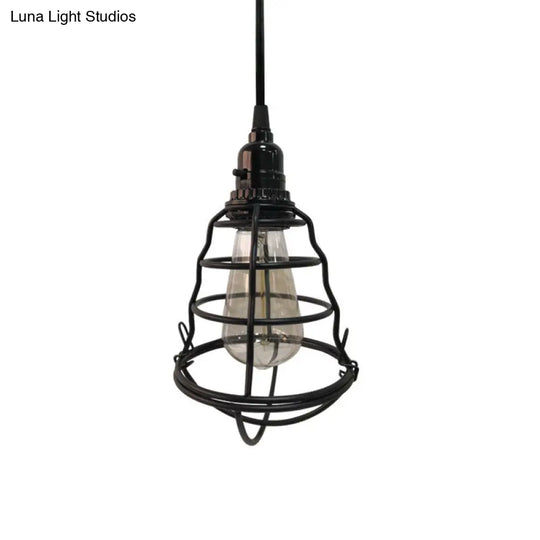 Industrial Metal Cage Pendant Lamp - Bulb Shaped Corridor Light Black Plug-In Cord