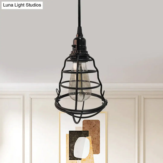 Industrial Metal Cage Pendant Lamp - Bulb Shaped Corridor Light Black Plug-In Cord