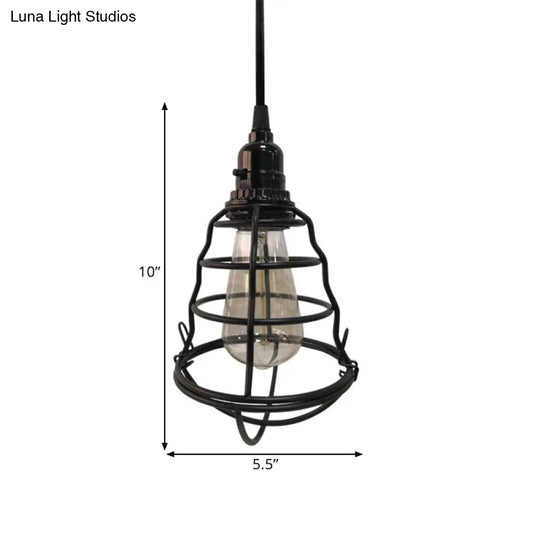 Industrial Metal Cage Pendant Lamp - Bulb Shaped Corridor Light Black Plug-In Cord