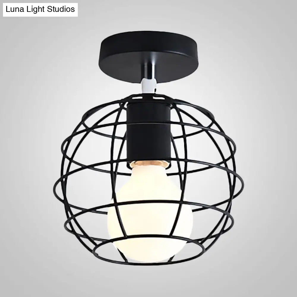 Industrial Black Cage Pendant Light For Corridor Ceiling - Semi Flush Globe/Oval Shape With Iron