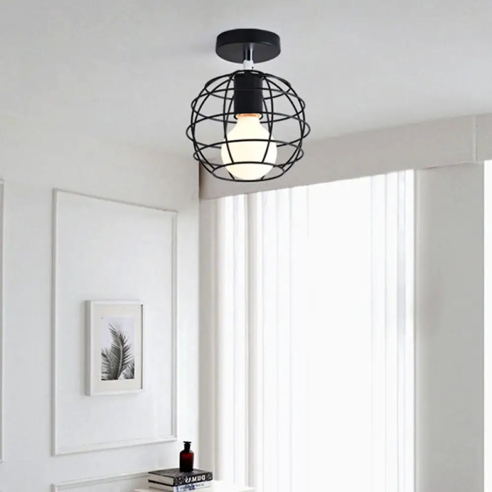 Industrial Black Cage Pendant Light For Corridor Ceiling - Semi Flush Globe/Oval Shape With Iron