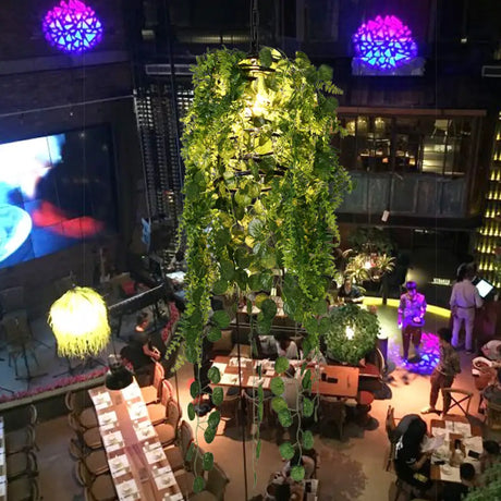 Industrial Black Cage Pendant Light With Led And Plant