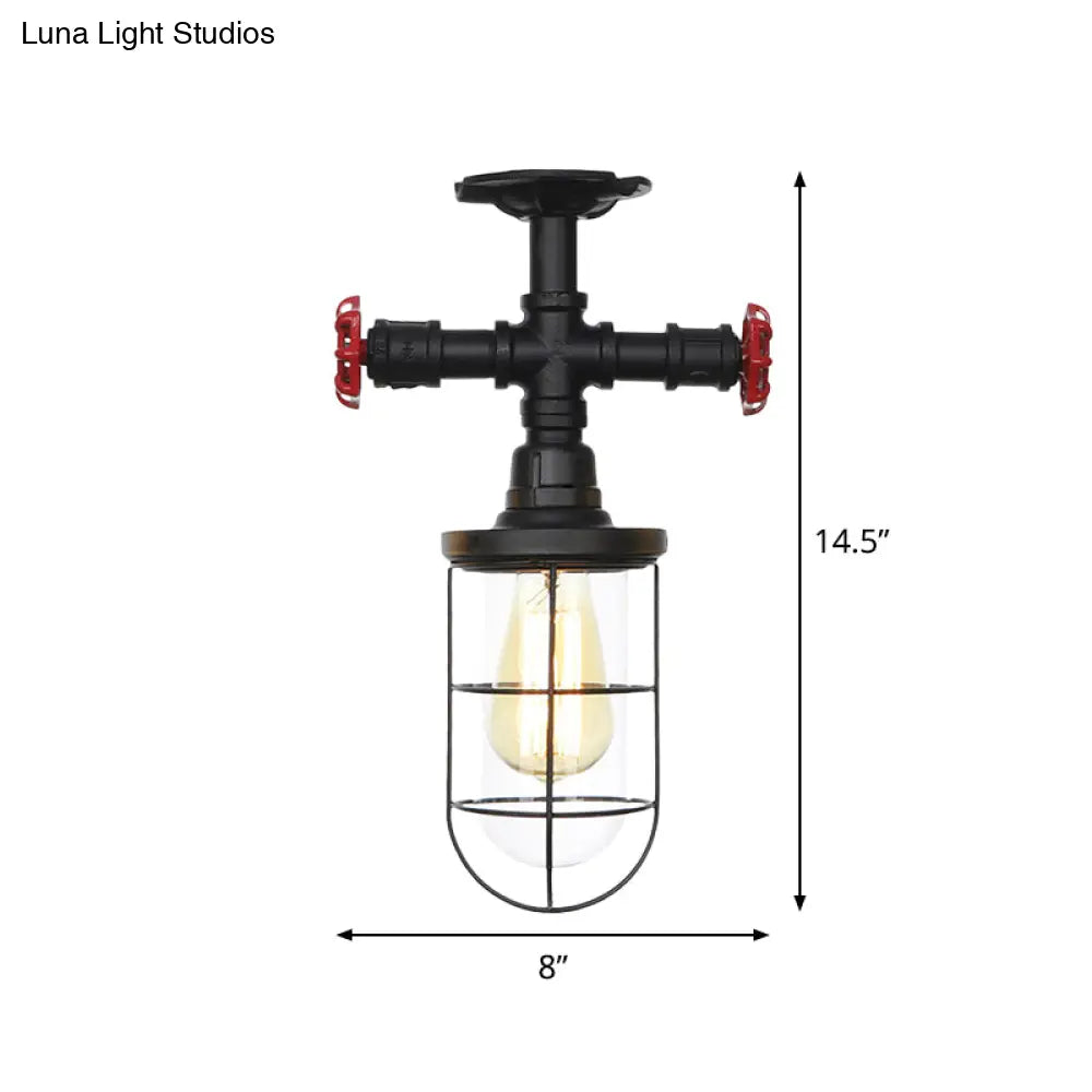 Industrial Black Cage Semi Flush Mount Ceiling Fixture With Clear Glass Valve Decor For Balcony