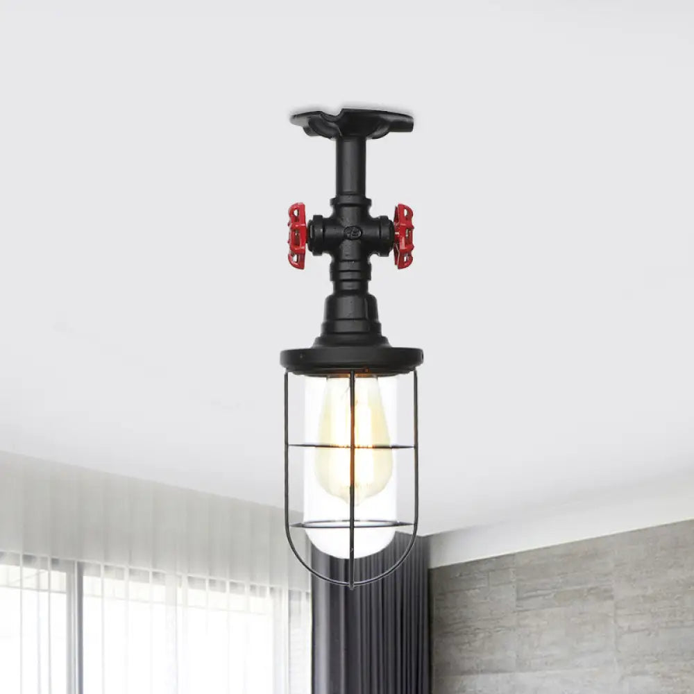 Industrial Black Cage Semi Flush Mount Ceiling Fixture With Clear Glass Valve Decor For Balcony / A