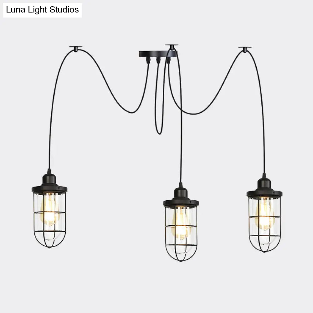 Industrial Black Caged Multi Ceiling Light - Clear Glass 2/3/6-Bulb Ideal For Restaurants Swag