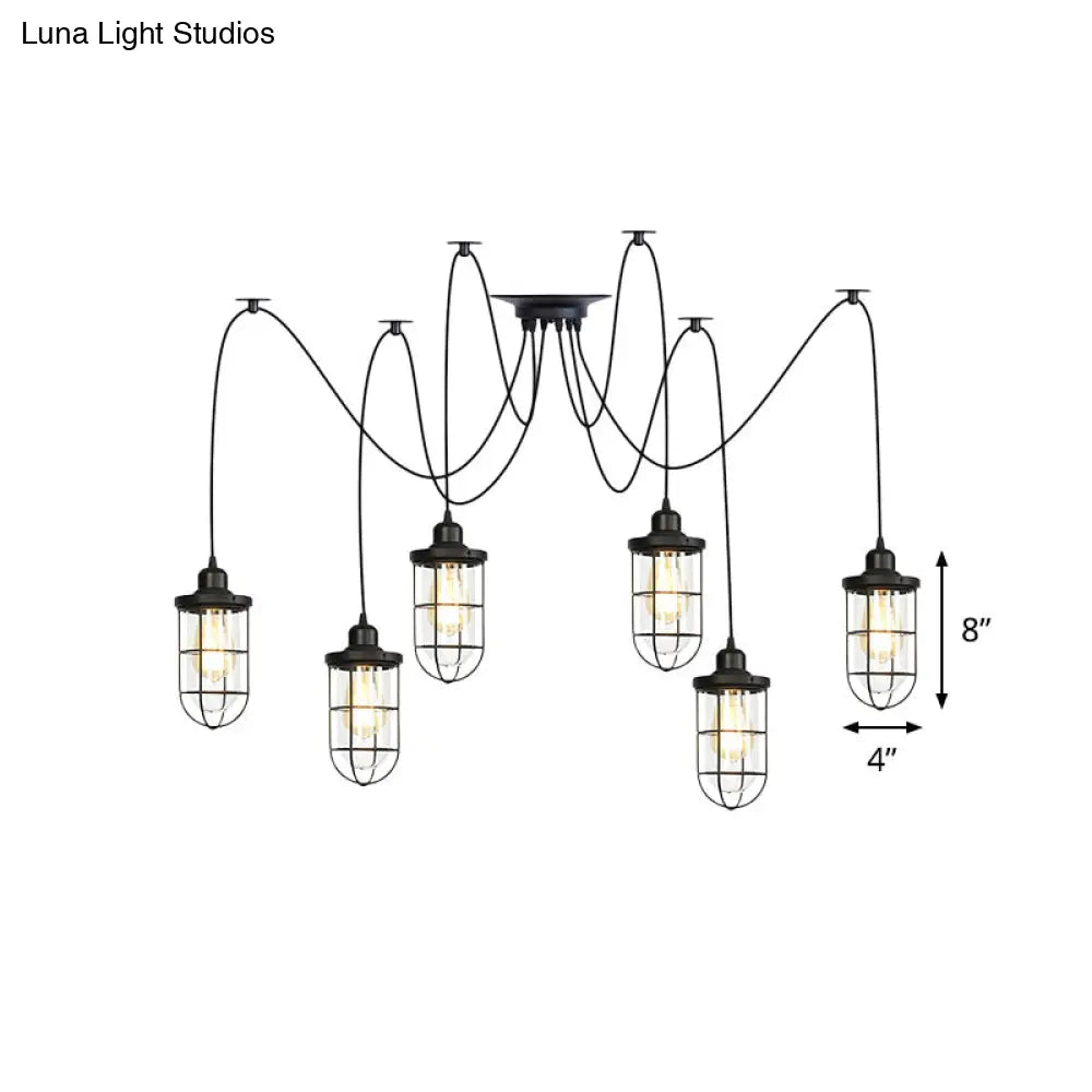 Industrial Black Caged Multi Ceiling Light - Clear Glass 2/3/6-Bulb Ideal For Restaurants Swag