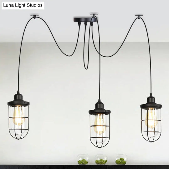 Industrial Black Caged Multi Ceiling Light - Clear Glass 2/3/6-Bulb Ideal For Restaurants Swag