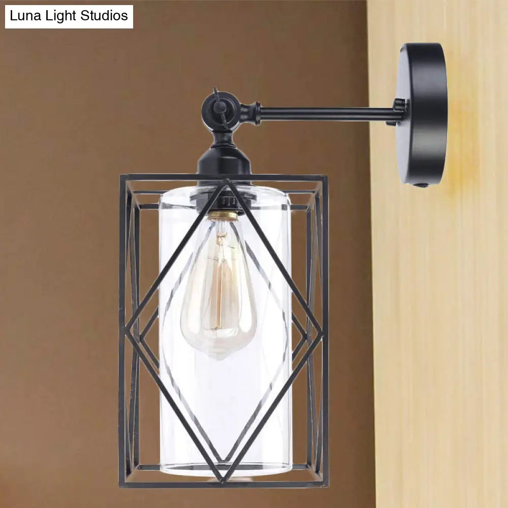 Industrial Black Caged Wall Lamp With Clear Glass Shade - Direct Wired/Plug In