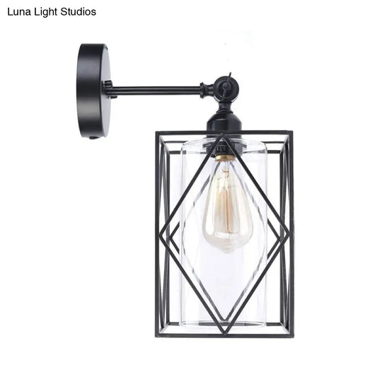 Industrial Black Caged Wall Lamp With Clear Glass Shade - Direct Wired/Plug In