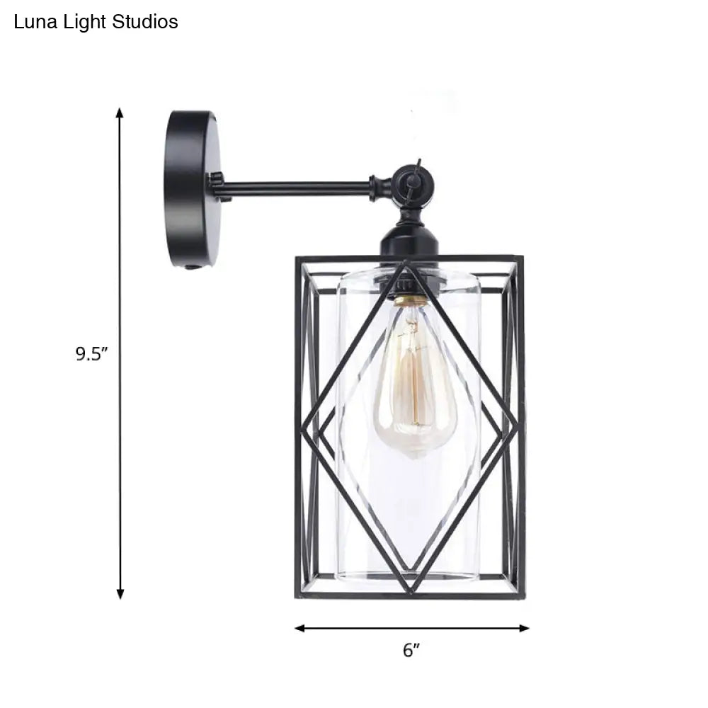 Industrial Black Caged Wall Lamp With Clear Glass Shade - Direct Wired/Plug In