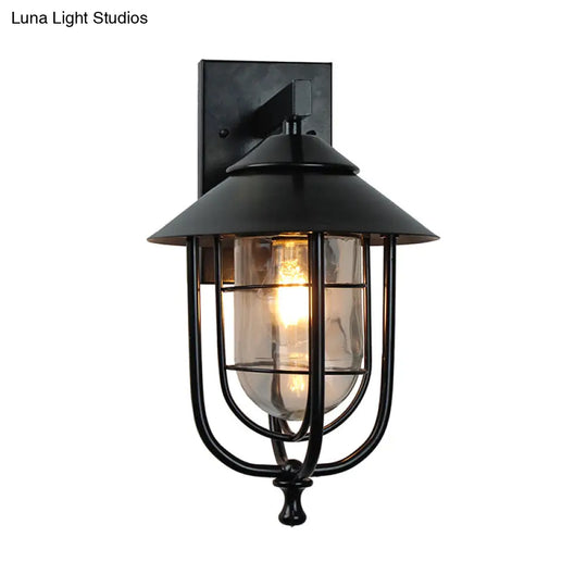 Industrial Black Caged Wall Sconce With Clear Glass - Living Room Lighting Fixture