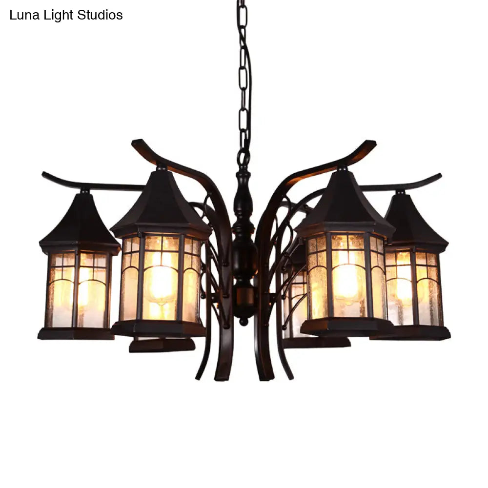 Industrial Black Ceiling Light With Clear Glass Lantern Chandelier - 3/5/6 Heads